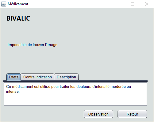 Capture d'écran affichée après avoir cliqué sur un médicament